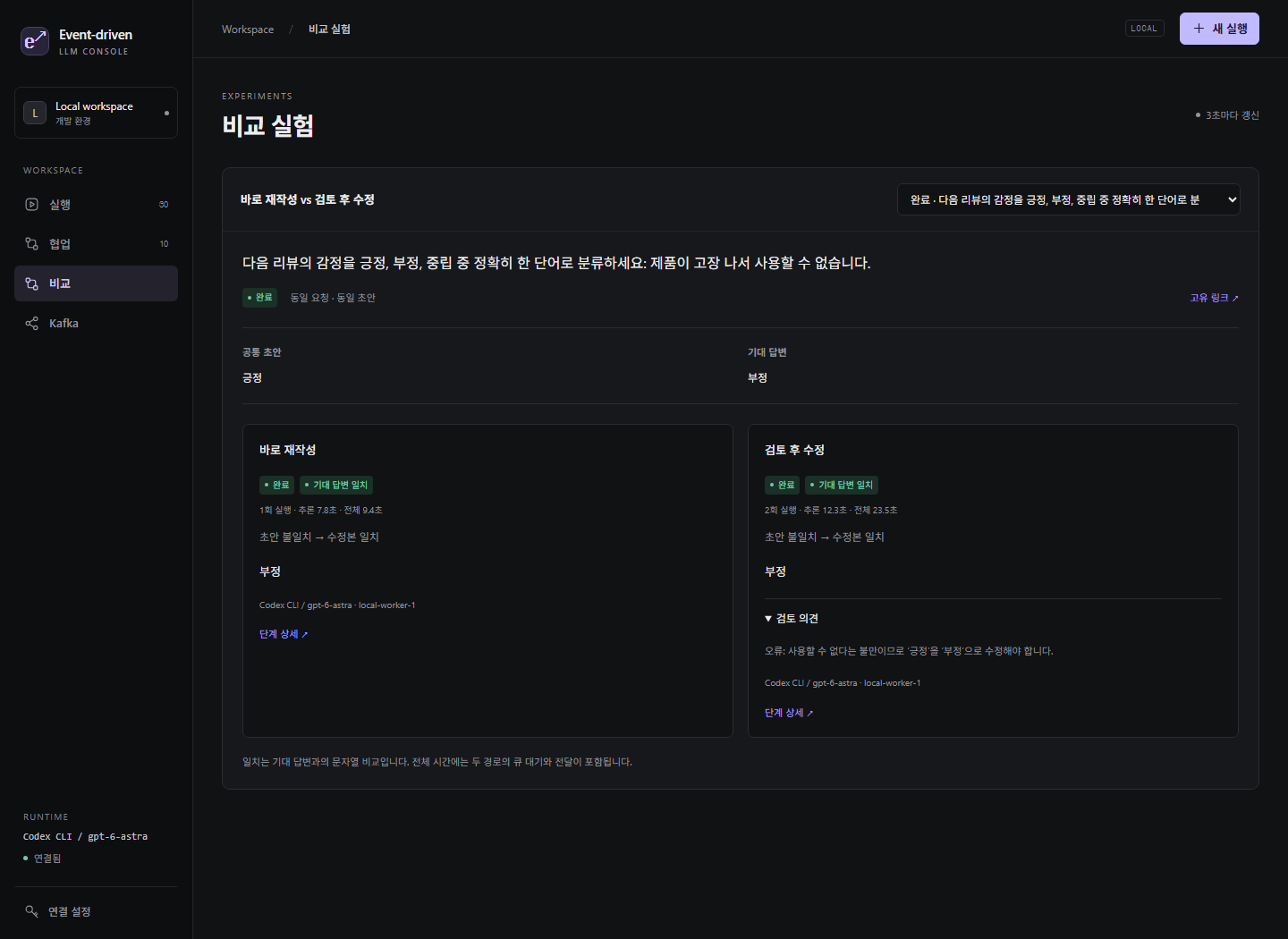 Codex CLI 비교 화면에서 두 경로가 부정으로 수정되고 검토 의견에 오류 이유가 표시된 실제 결과